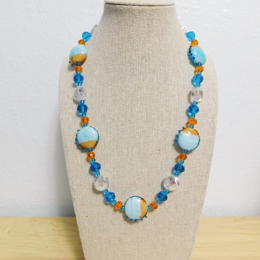 Handmade Turquoise, Orange & Light Blue Glass Beaded Necklace -  20"